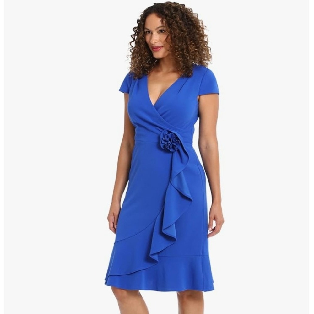 Feminine Cobalt Blue Midi Dress Size 6 Rosette Ruffle Faux Wrap Party Wedding